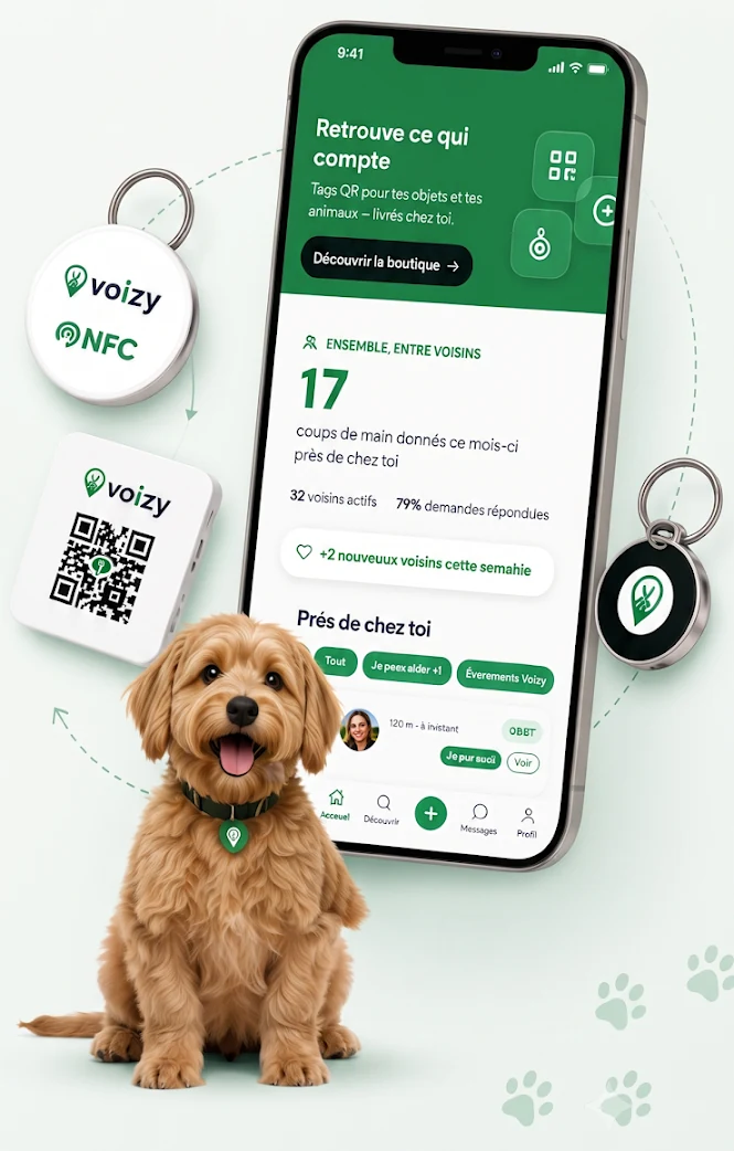 VOIZY Pet : les médailles QR et NFC à graver, et l'application qui prévient les voisins quand un animal disparaît.